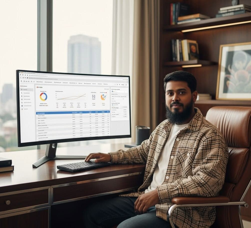 Working at a desk with an analytics dashboard